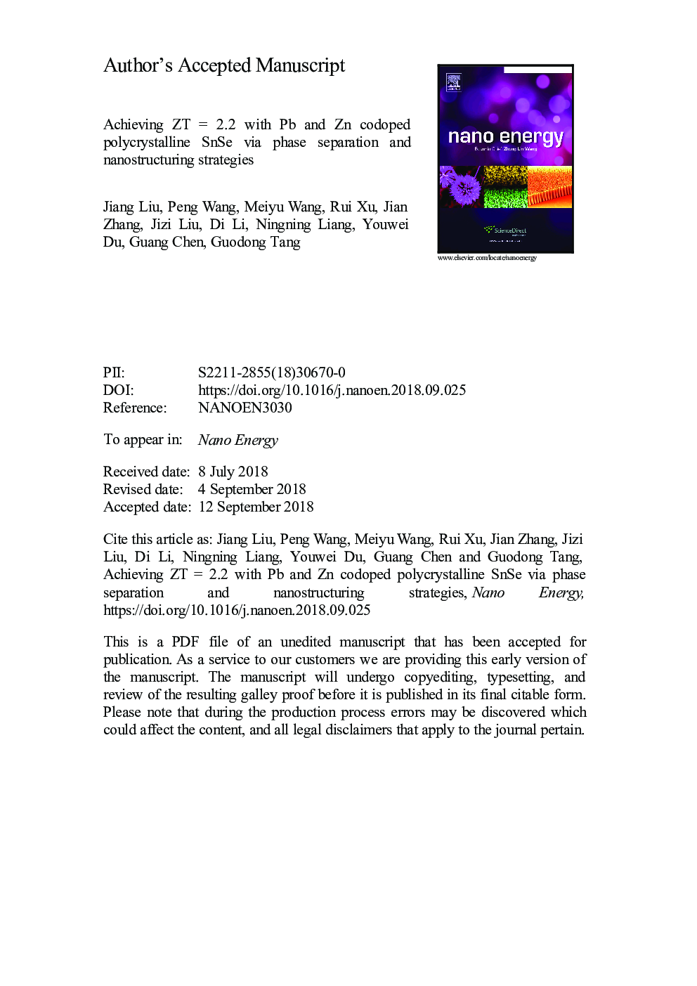 Achieving high thermoelectric performance with Pb and Zn codoped polycrystalline SnSe via phase separation and nanostructuring strategies