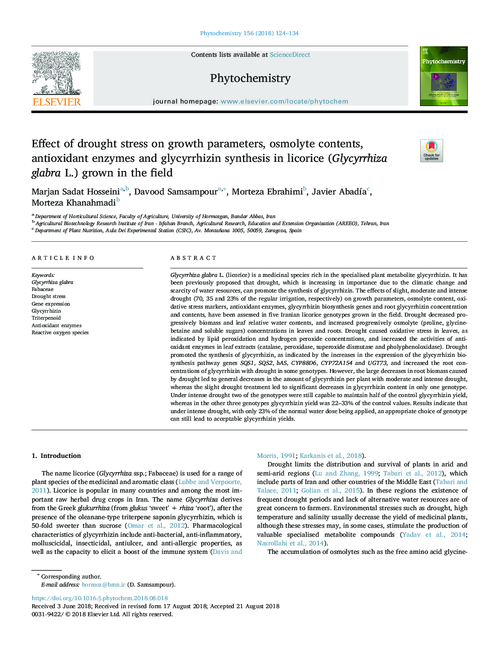 Effect of drought stress on growth parameters, osmolyte contents, antioxidant enzymes and glycyrrhizin synthesis in licorice (Glycyrrhiza glabra L.) grown in the field