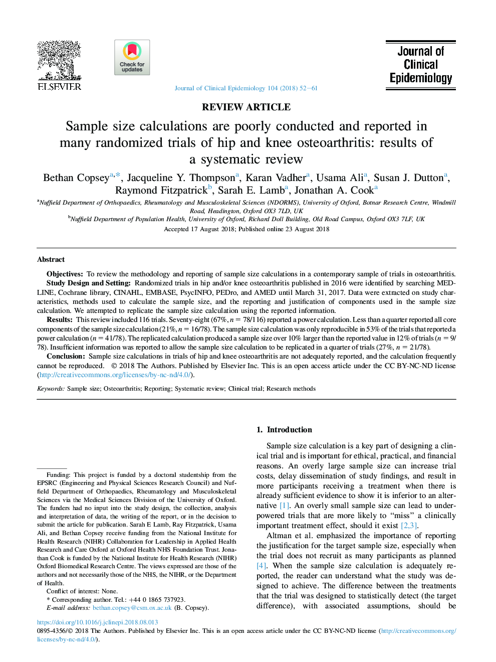 Sample size calculations are poorly conducted and reported in manyÂ randomized trials of hip and knee osteoarthritis: results of aÂ systematic review