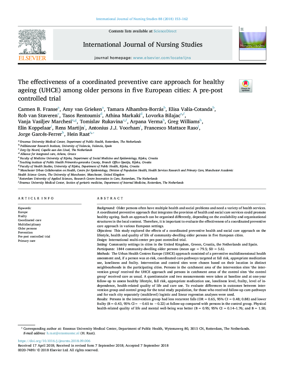 The effectiveness of a coordinated preventive care approach for healthy ageing (UHCE) among older persons in five European cities: A pre-post controlled trial