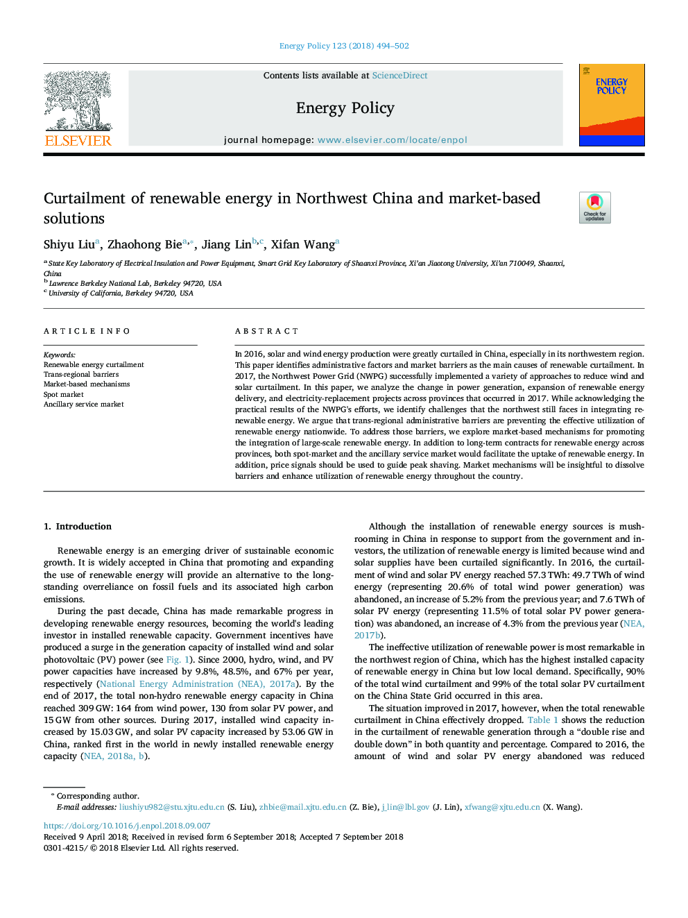 Curtailment of renewable energy in Northwest China and market-based solutions