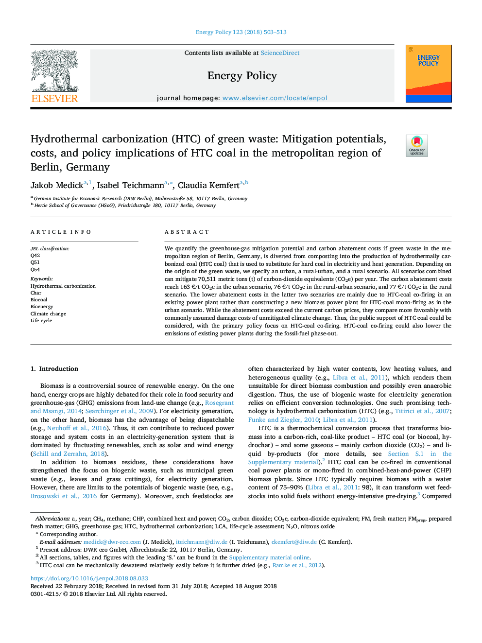 Hydrothermal carbonization (HTC) of green waste: Mitigation potentials, costs, and policy implications of HTC coal in the metropolitan region of Berlin, Germany