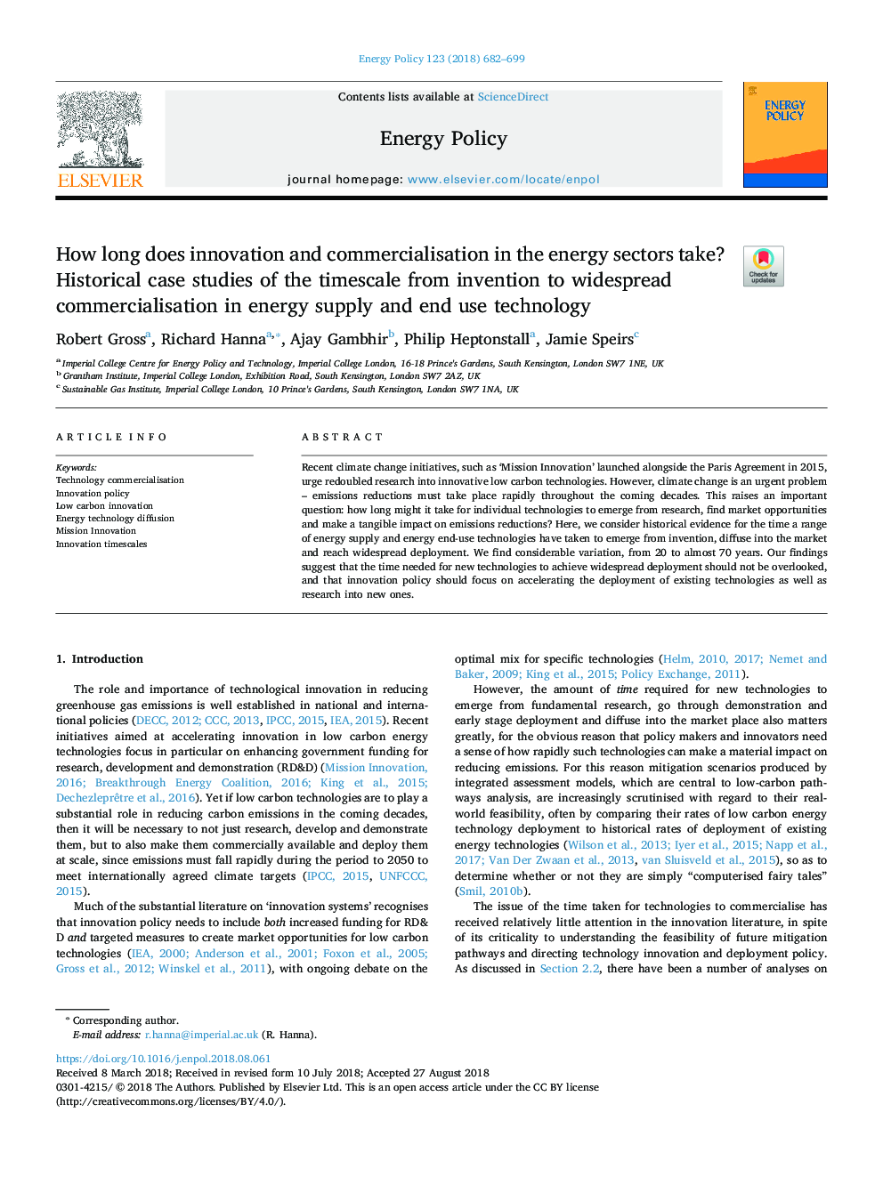 How long does innovation and commercialisation in the energy sectors take? Historical case studies of the timescale from invention to widespread commercialisation in energy supply and end use technology