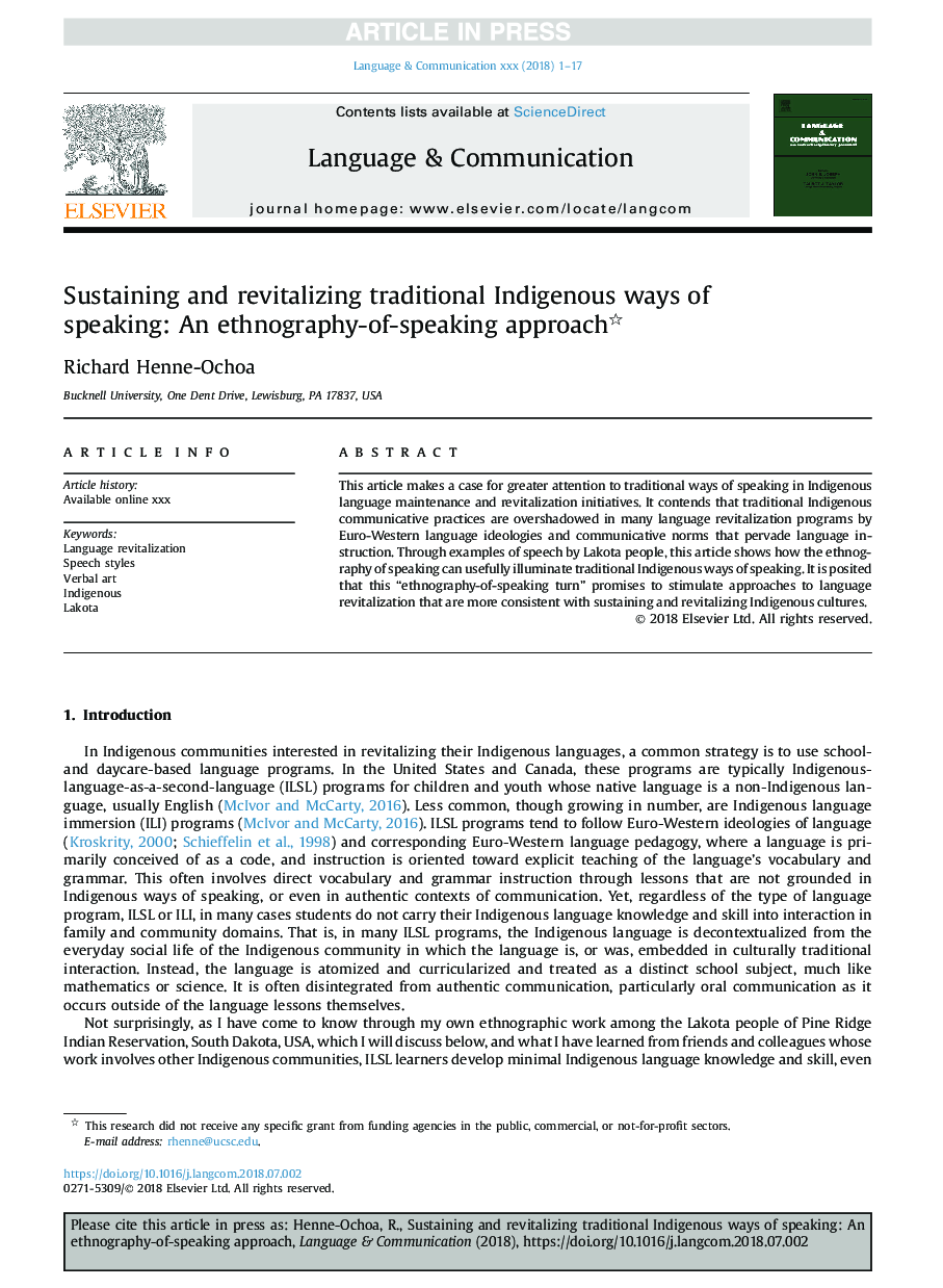 Sustaining and revitalizing traditional Indigenous ways of speaking: An ethnography-of-speaking approach