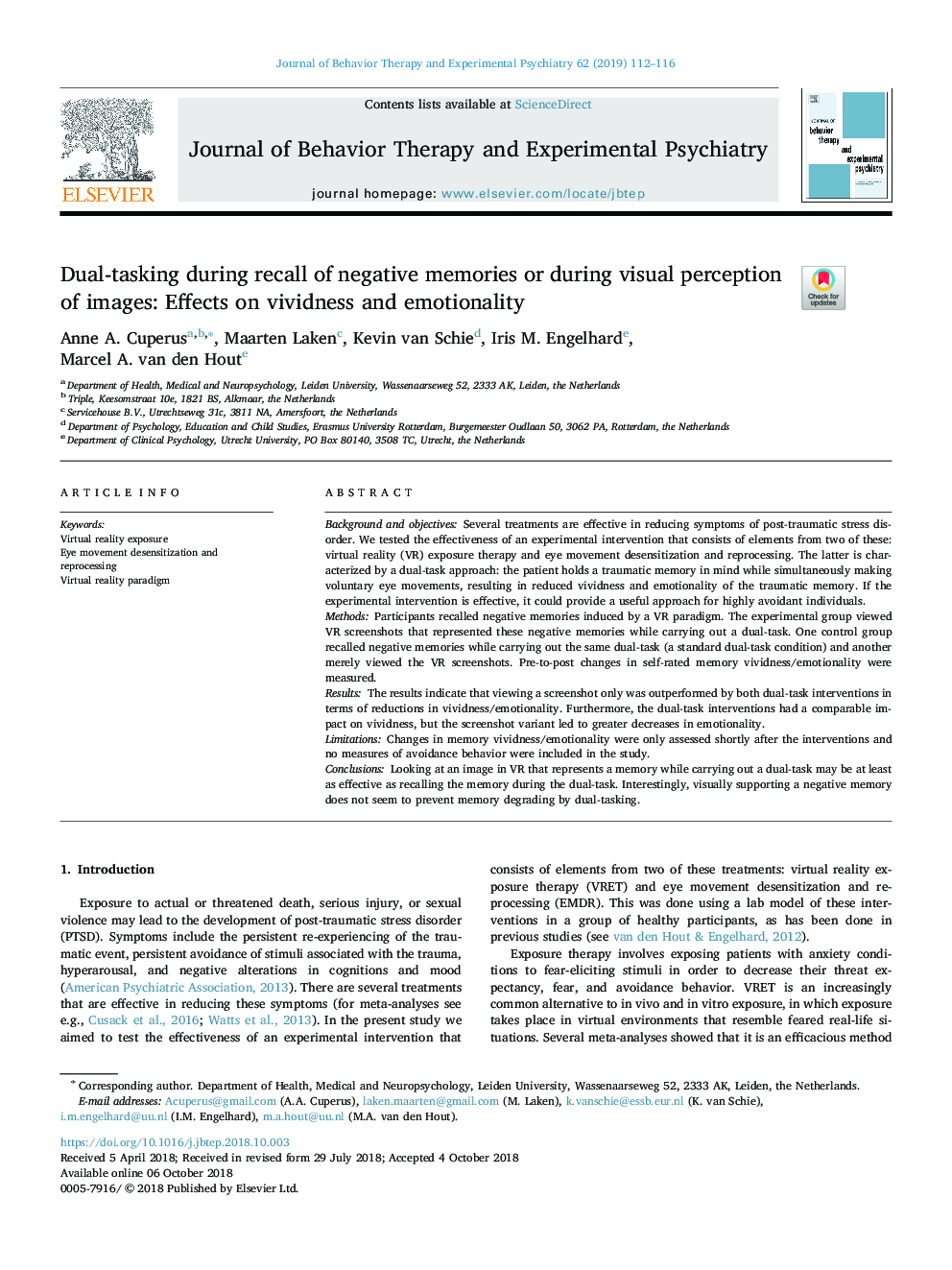 Dual-tasking during recall of negative memories or during visual perception of images: Effects on vividness and emotionality