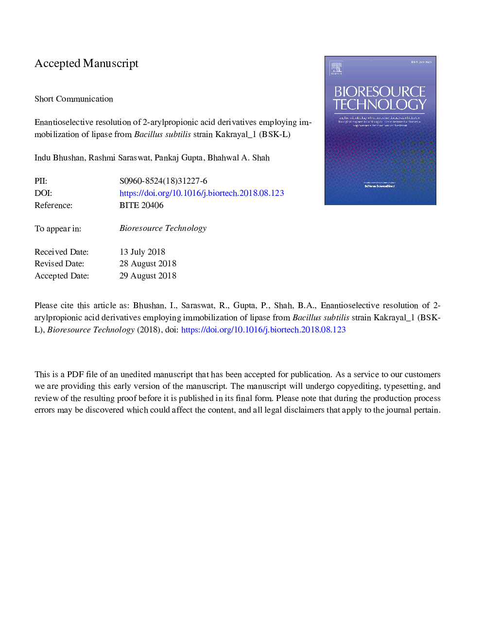 Enantioselective resolution of 2-arylpropionic acid derivatives employing immobilization of lipase from Bacillus subtilis strain Kakrayal_1 (BSK-L)