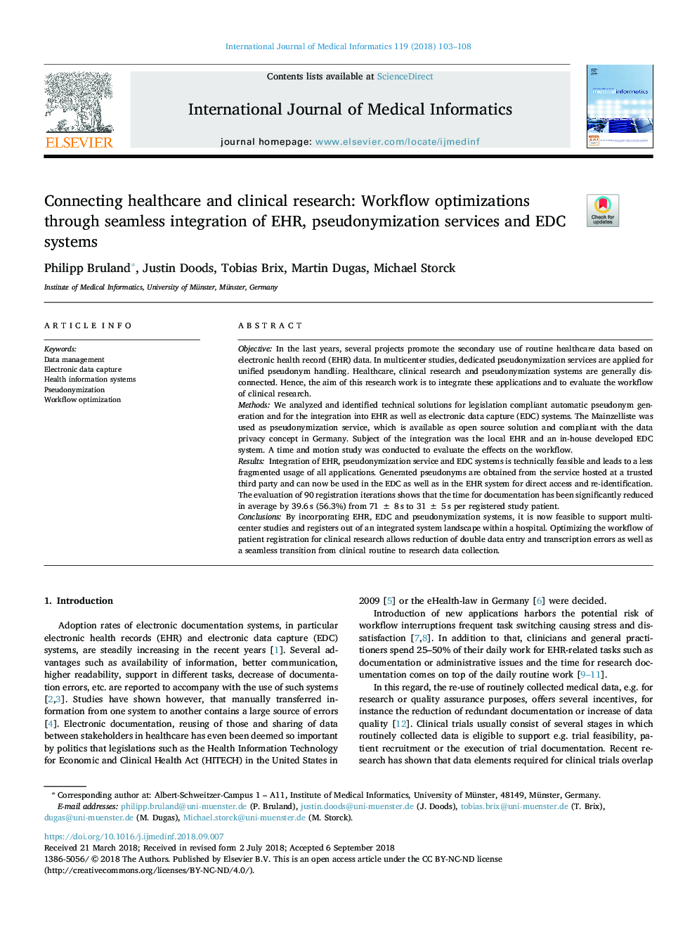 Connecting healthcare and clinical research: Workflow optimizations through seamless integration of EHR, pseudonymization services and EDC systems