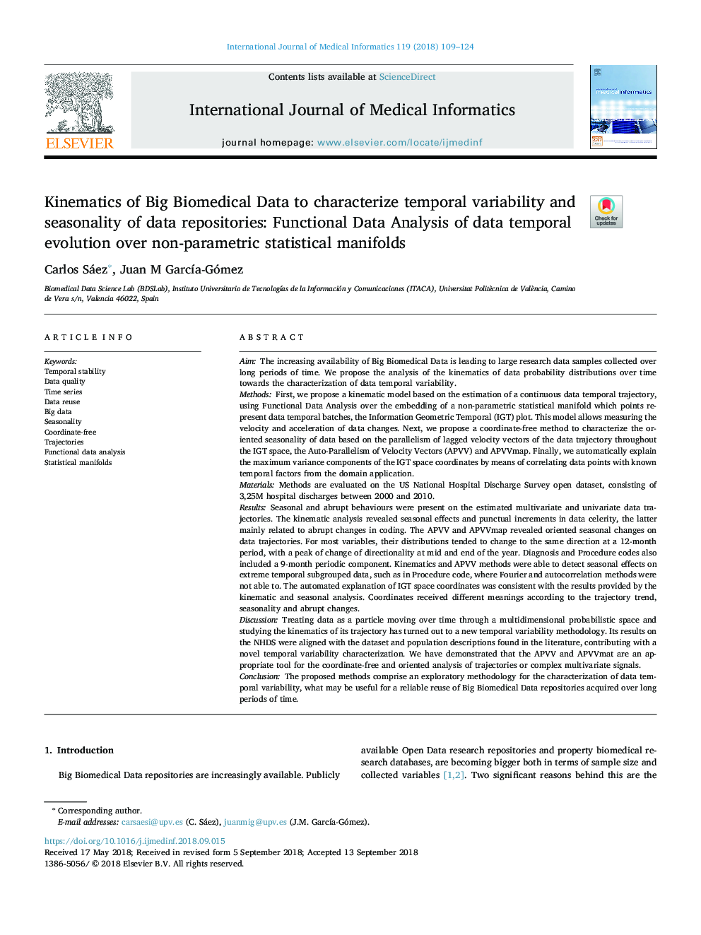 Kinematics of Big Biomedical Data to characterize temporal variability and seasonality of data repositories: Functional Data Analysis of data temporal evolution over non-parametric statistical manifolds