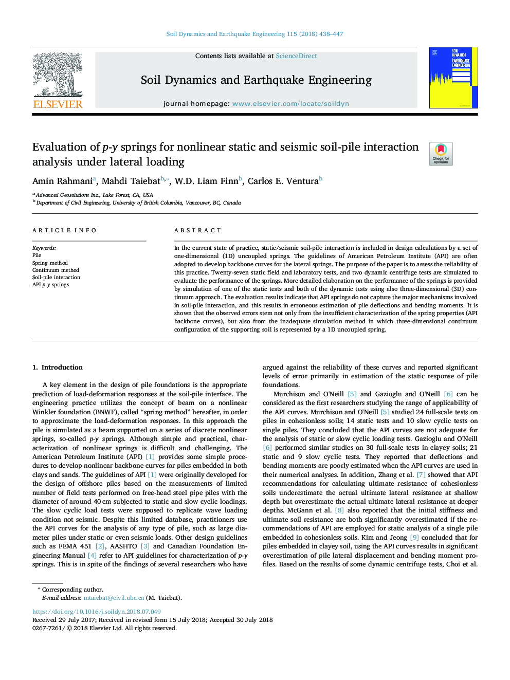 Evaluation of p-y springs for nonlinear static and seismic soil-pile interaction analysis under lateral loading