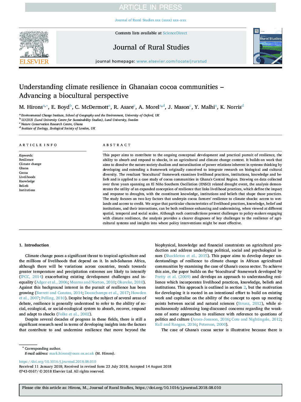 Understanding climate resilience in Ghanaian cocoa communities - Advancing a biocultural perspective