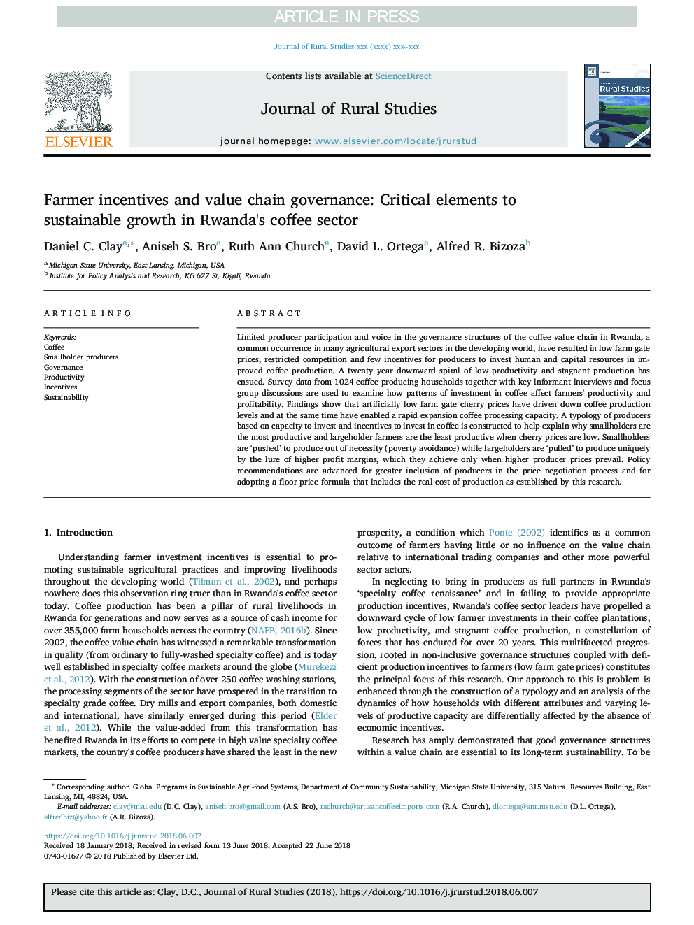 Farmer incentives and value chain governance: Critical elements to sustainable growth in Rwanda's coffee sector