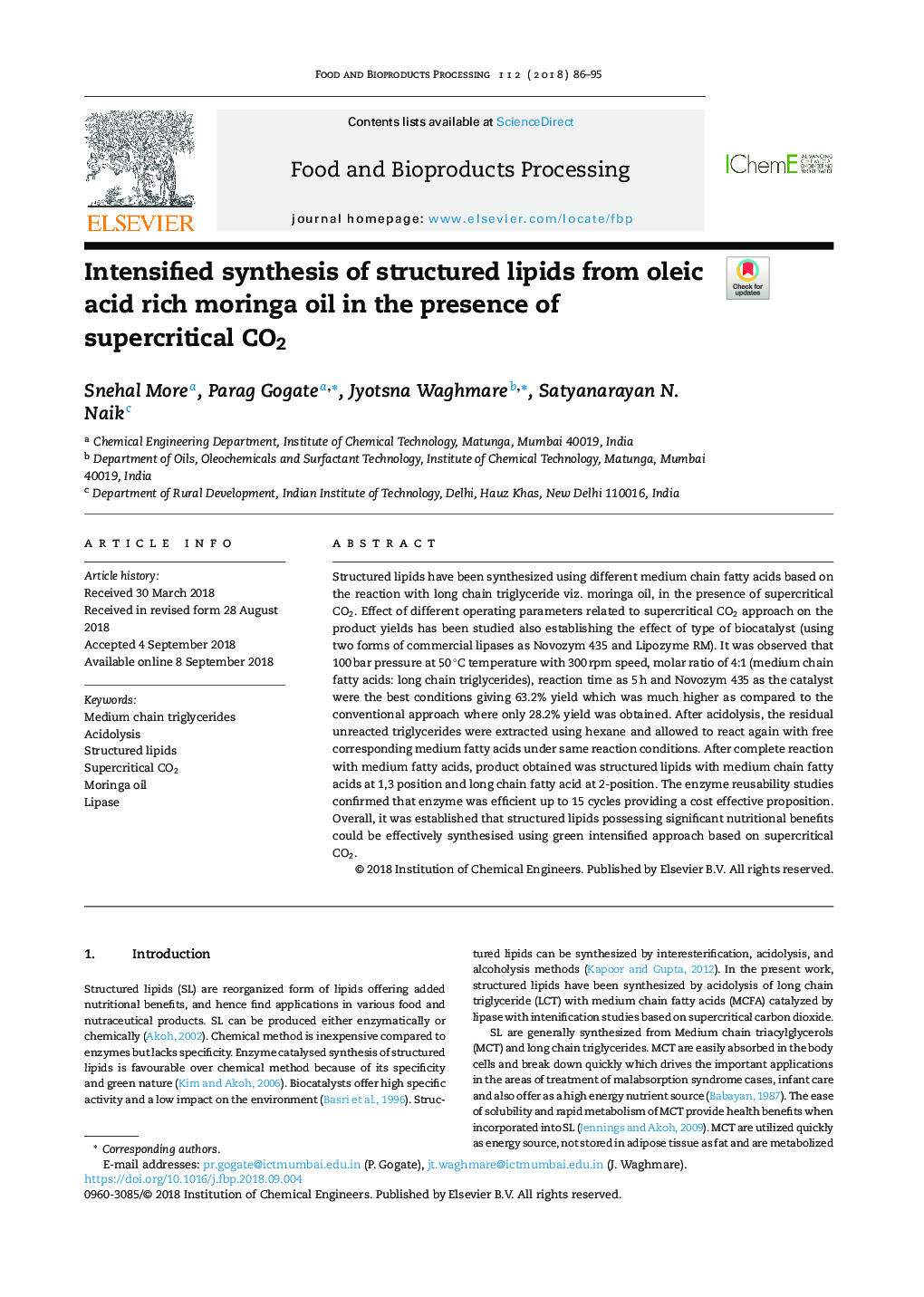 Intensified synthesis of structured lipids from oleic acid rich moringa oil in the presence of supercritical CO2
