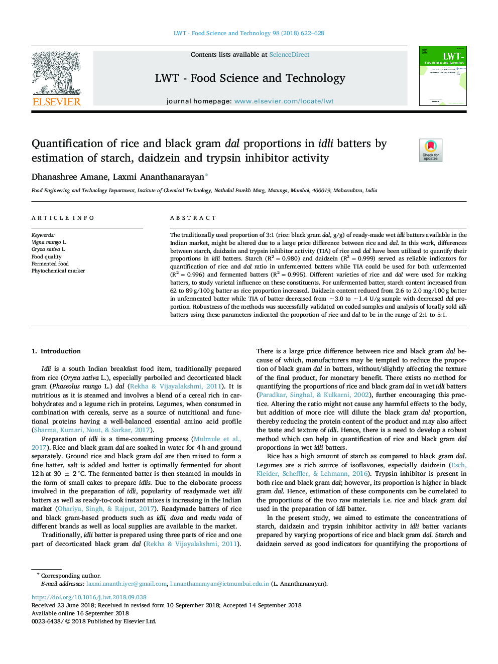 Quantification of rice and black gram dal proportions in idli batters by estimation of starch, daidzein and trypsin inhibitor activity