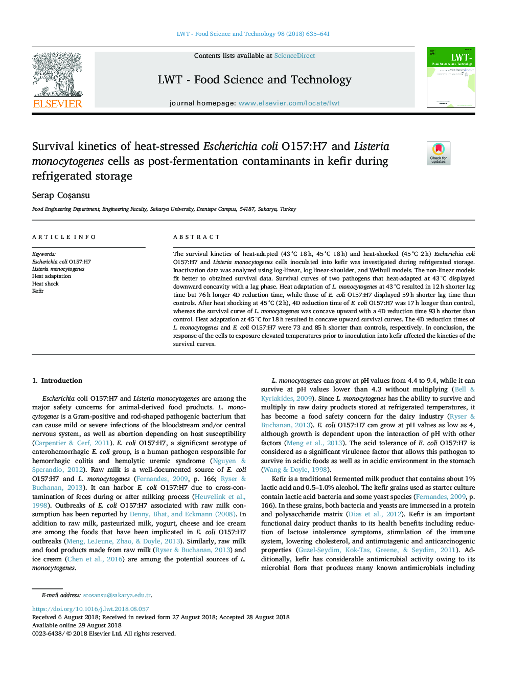 Survival kinetics of heat-stressed Escherichia coli O157:H7 and Listeria monocytogenes cells as post-fermentation contaminants in kefir during refrigerated storage