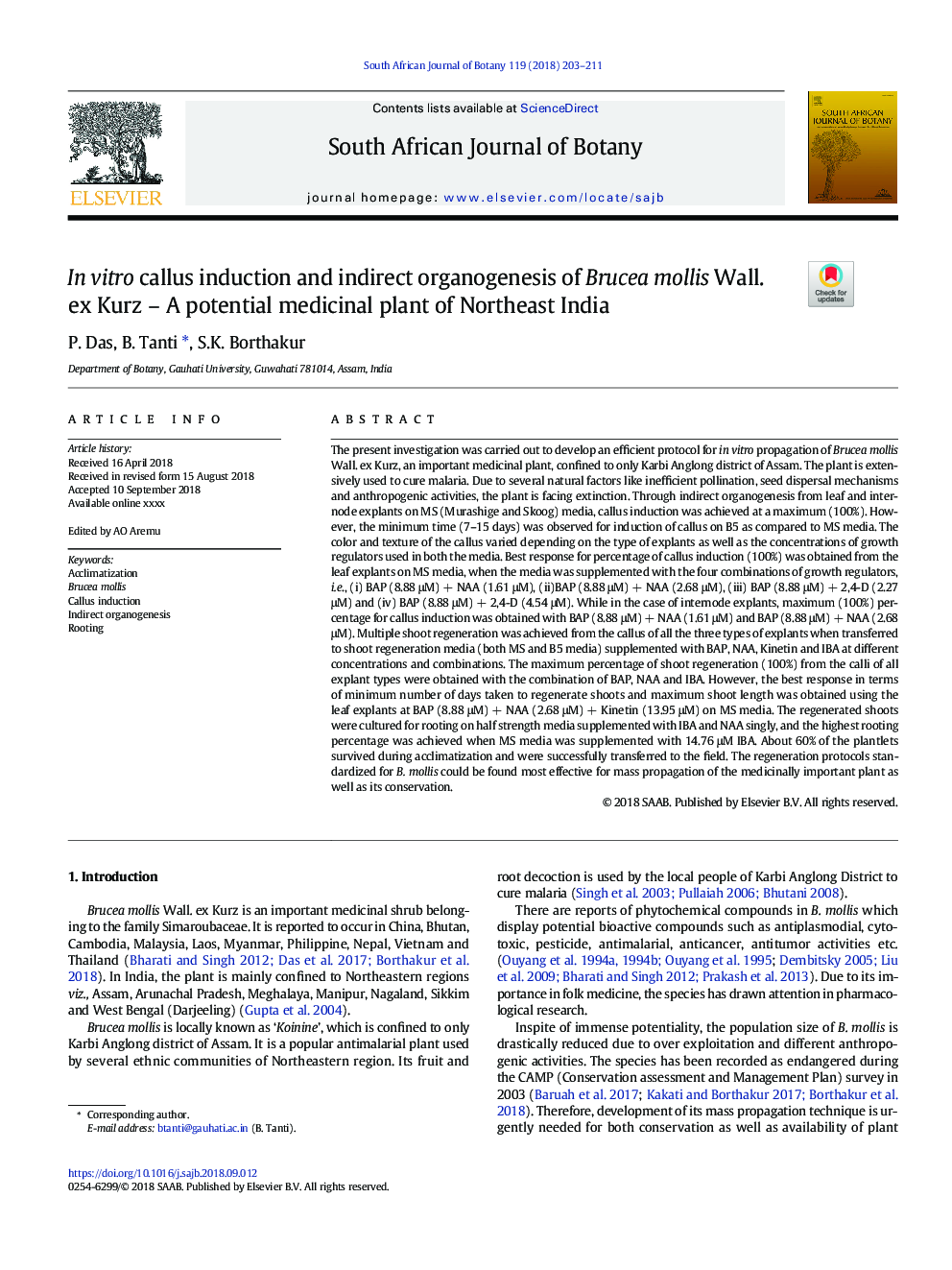 In vitro callus induction and indirect organogenesis of Brucea mollis Wall. ex Kurz - A potential medicinal plant of Northeast India