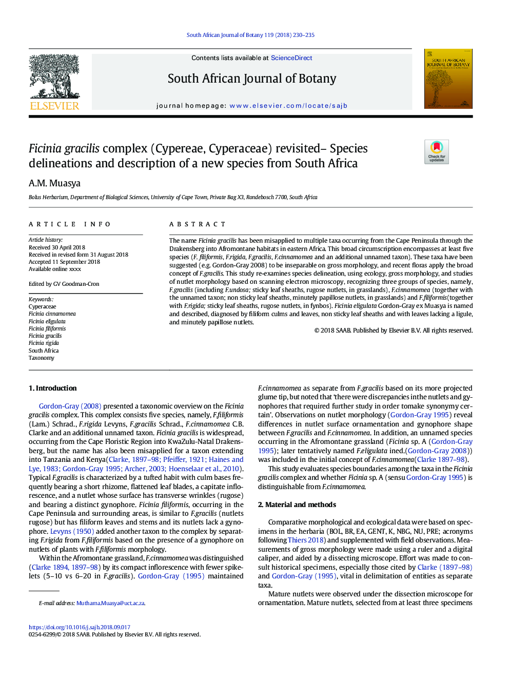 Ficinia gracilis complex (Cypereae, Cyperaceae) revisited- Species delineations and description of a new species from South Africa