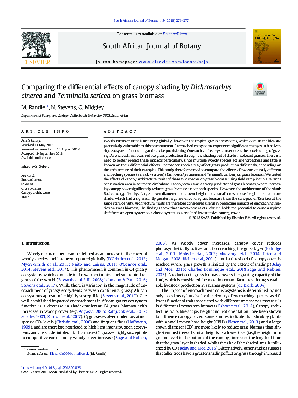 Comparing the differential effects of canopy shading by Dichrostachys cinerea and Terminalia sericea on grass biomass