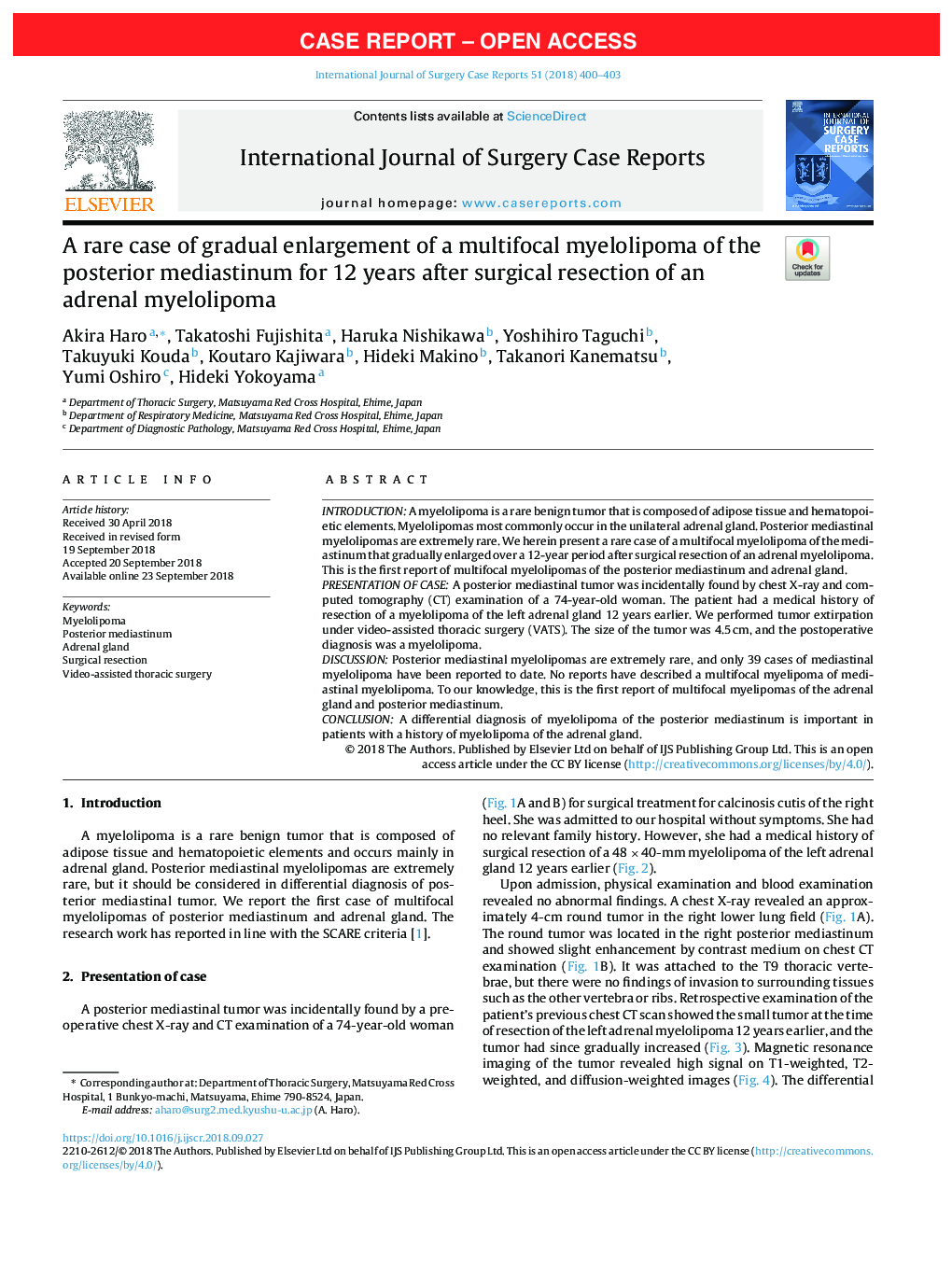 A rare case of gradual enlargement of a multifocal myelolipoma of the posterior mediastinum for 12 years after surgical resection of an adrenal myelolipoma