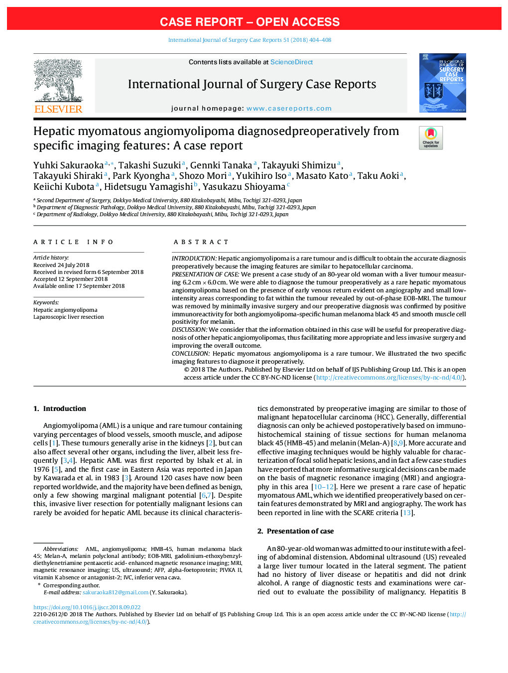 Hepatic myomatous angiomyolipoma diagnosedpreoperatively from specific imaging features: A case report