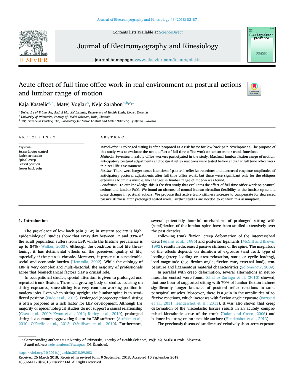 Acute effect of full time office work in real environment on postural actions and lumbar range of motion