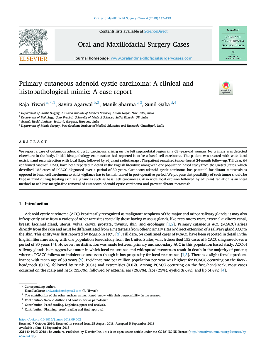 Primary cutaneous adenoid cystic carcinoma: A clinical and histopathological mimic: A case report