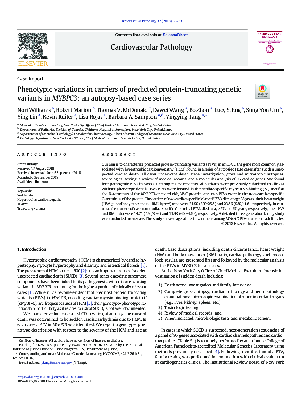 Phenotypic variations in carriers of predicted protein-truncating genetic variants in MYBPC3: an autopsy-based case series