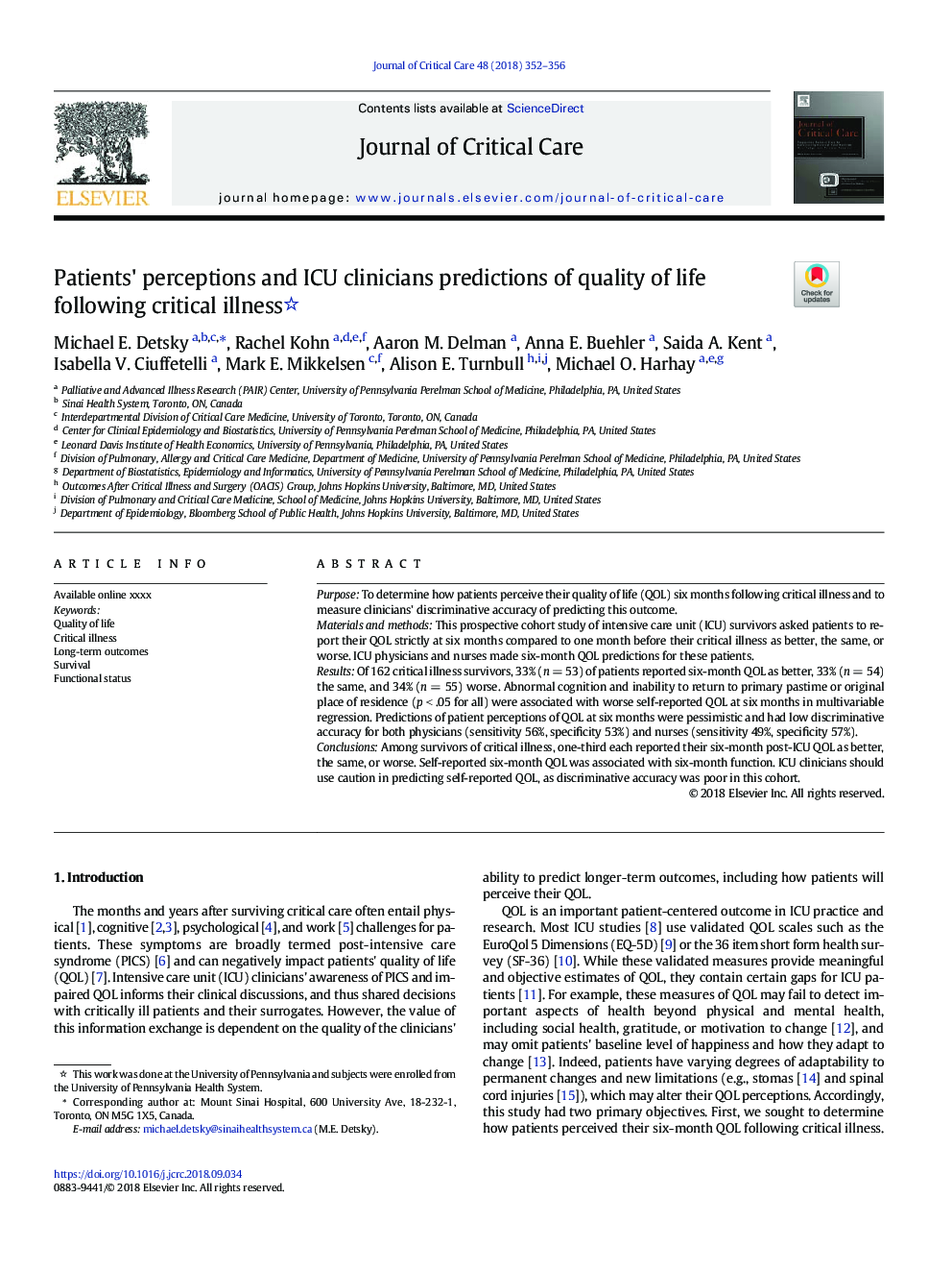 Patients' perceptions and ICU clinicians predictions of quality of life following critical illness