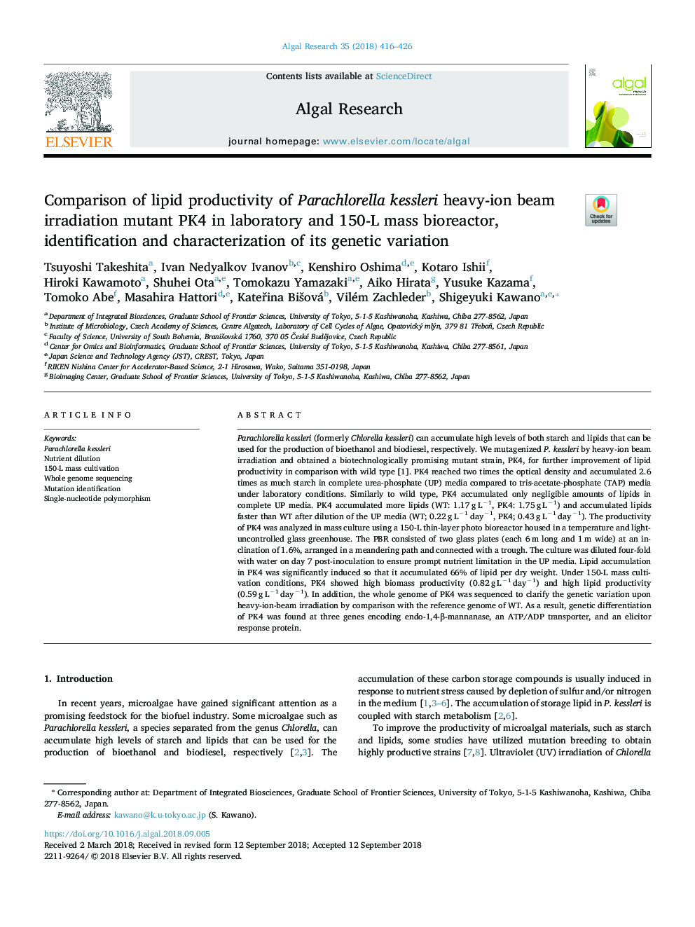 Comparison of lipid productivity of Parachlorella kessleri heavy-ion beam irradiation mutant PK4 in laboratory and 150-L mass bioreactor, identification and characterization of its genetic variation