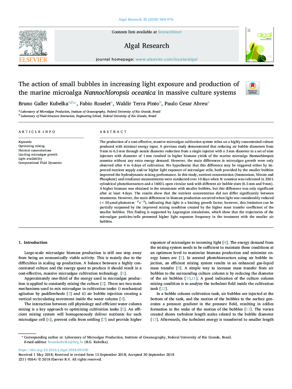 The action of small bubbles in increasing light exposure and production of the marine microalga Nannochloropsis oceanica in massive culture systems