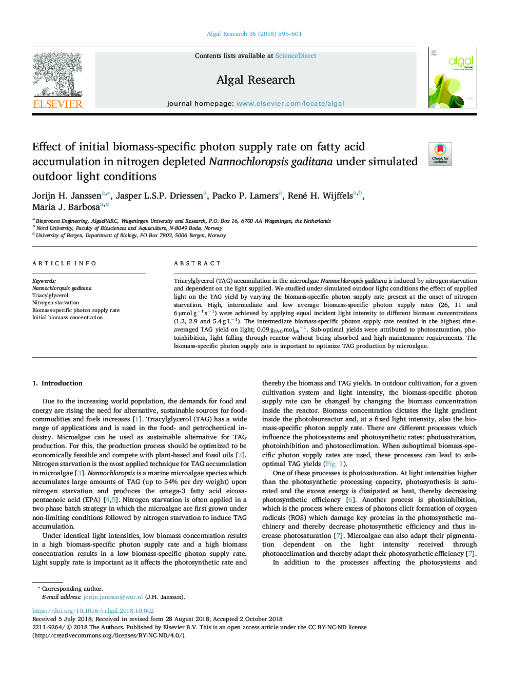 Effect of initial biomass-specific photon supply rate on fatty acid accumulation in nitrogen depleted Nannochloropsis gaditana under simulated outdoor light conditions