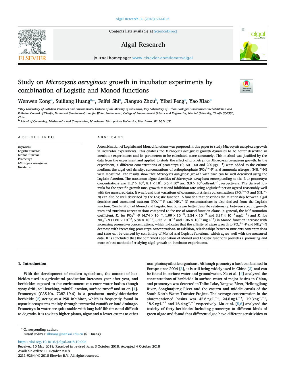 Study on Microcystis aeruginosa growth in incubator experiments by combination of Logistic and Monod functions