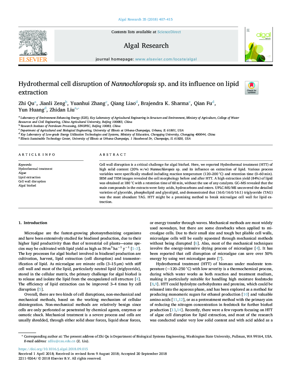 Hydrothermal cell disruption of Nannochloropsis sp. and its influence on lipid extraction