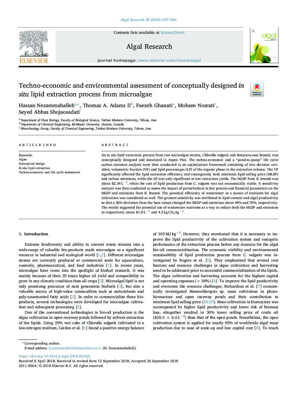 Techno-economic and environmental assessment of conceptually designed in situ lipid extraction process from microalgae