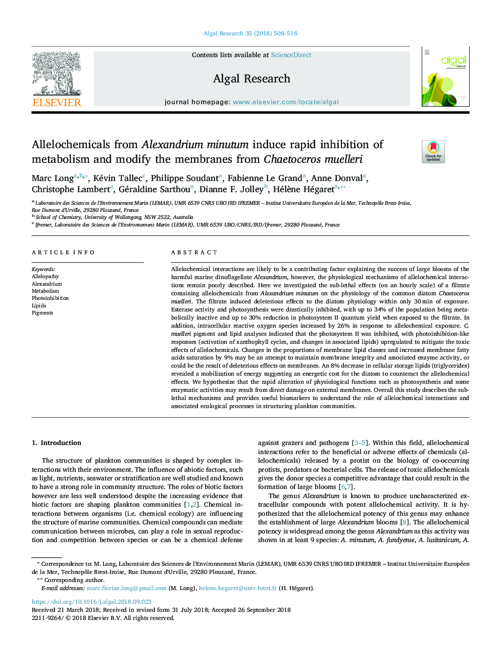 Allelochemicals from Alexandrium minutum induce rapid inhibition of metabolism and modify the membranes from Chaetoceros muelleri