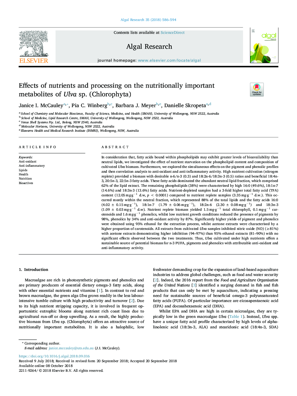 Effects of nutrients and processing on the nutritionally important metabolites of Ulva sp. (Chlorophyta)