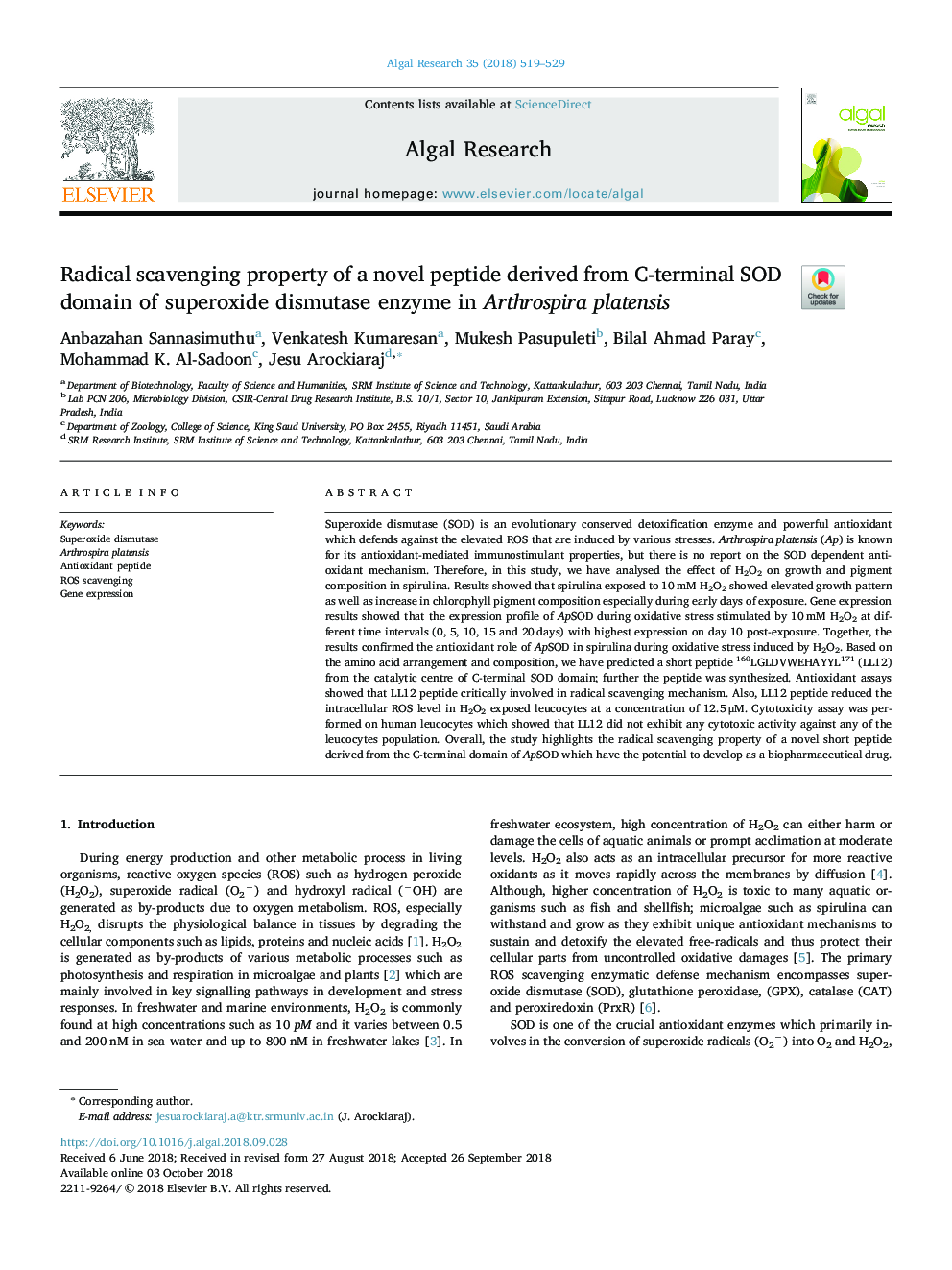 Radical scavenging property of a novel peptide derived from C-terminal SOD domain of superoxide dismutase enzyme in Arthrospira platensis