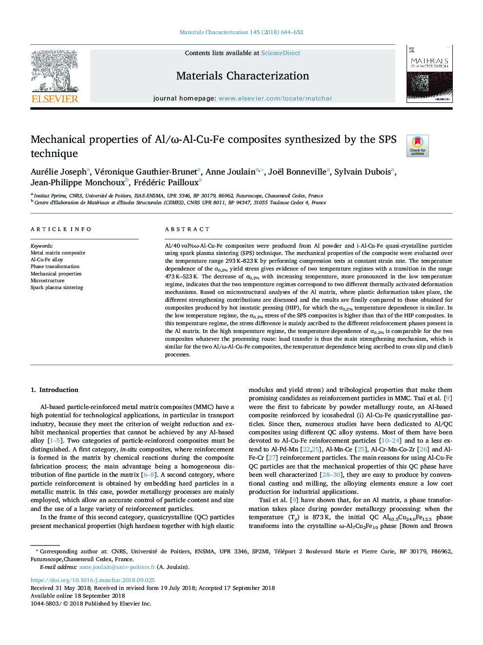 Mechanical properties of Al/Ï-Al-Cu-Fe composites synthesized by the SPS technique