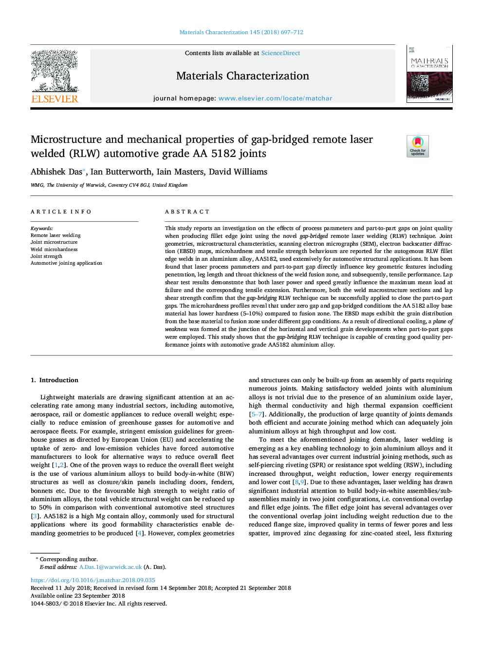 Microstructure and mechanical properties of gap-bridged remote laser welded (RLW) automotive grade AA 5182 joints