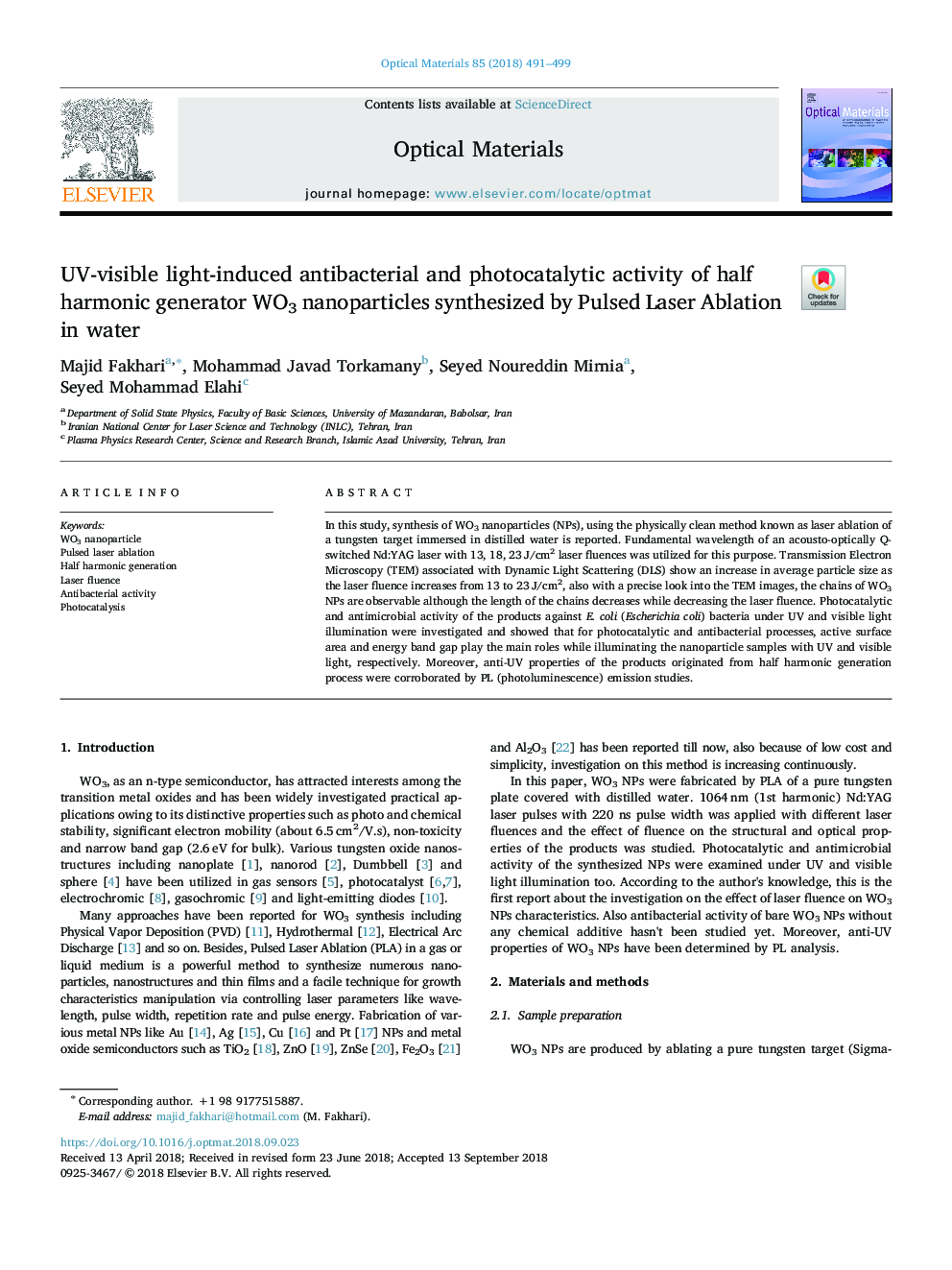 UV-visible light-induced antibacterial and photocatalytic activity of half harmonic generator WO3 nanoparticles synthesized by Pulsed Laser Ablation in water