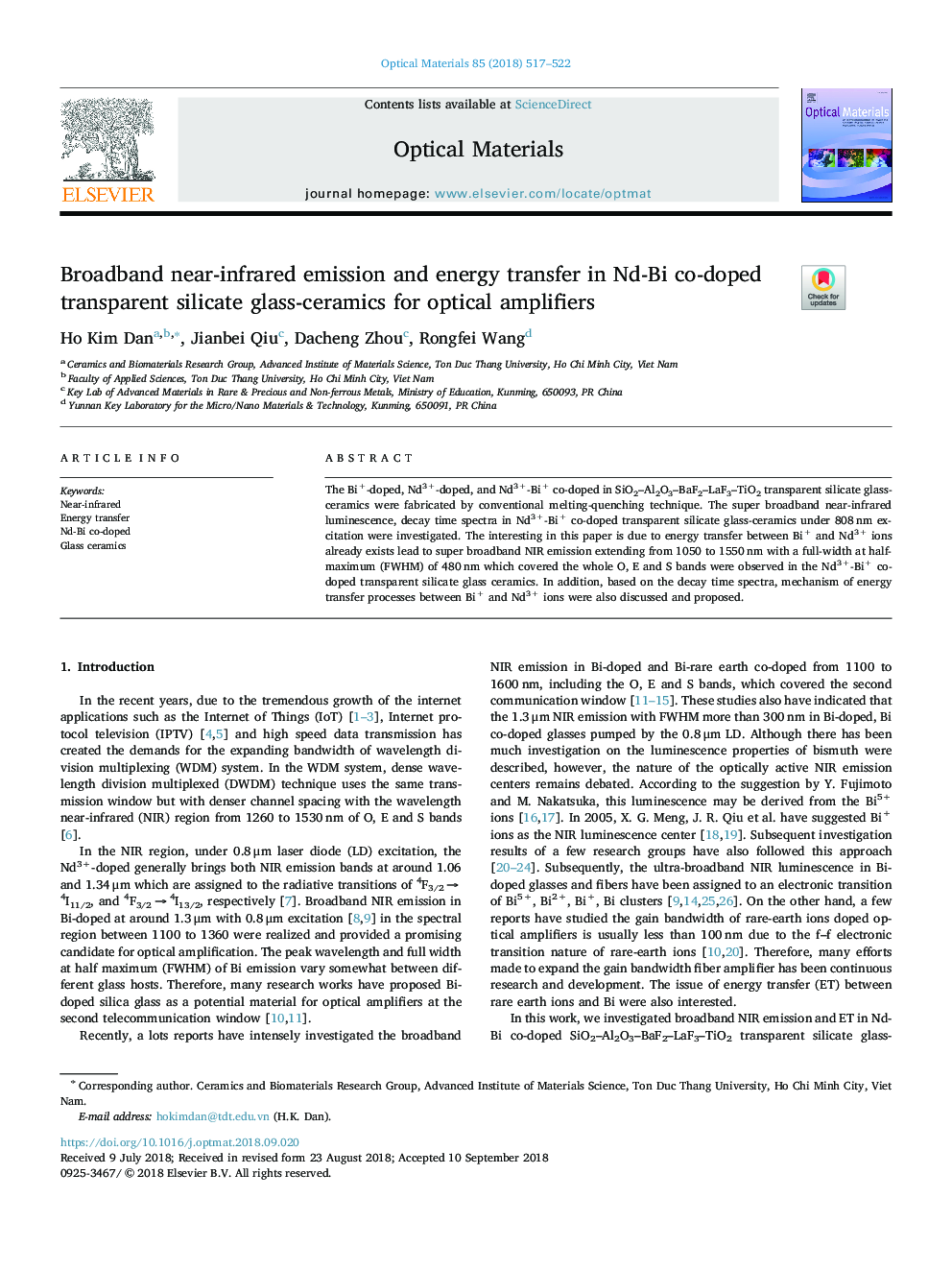 Broadband near-infrared emission and energy transfer in Nd-Bi co-doped transparent silicate glass-ceramics for optical amplifiers