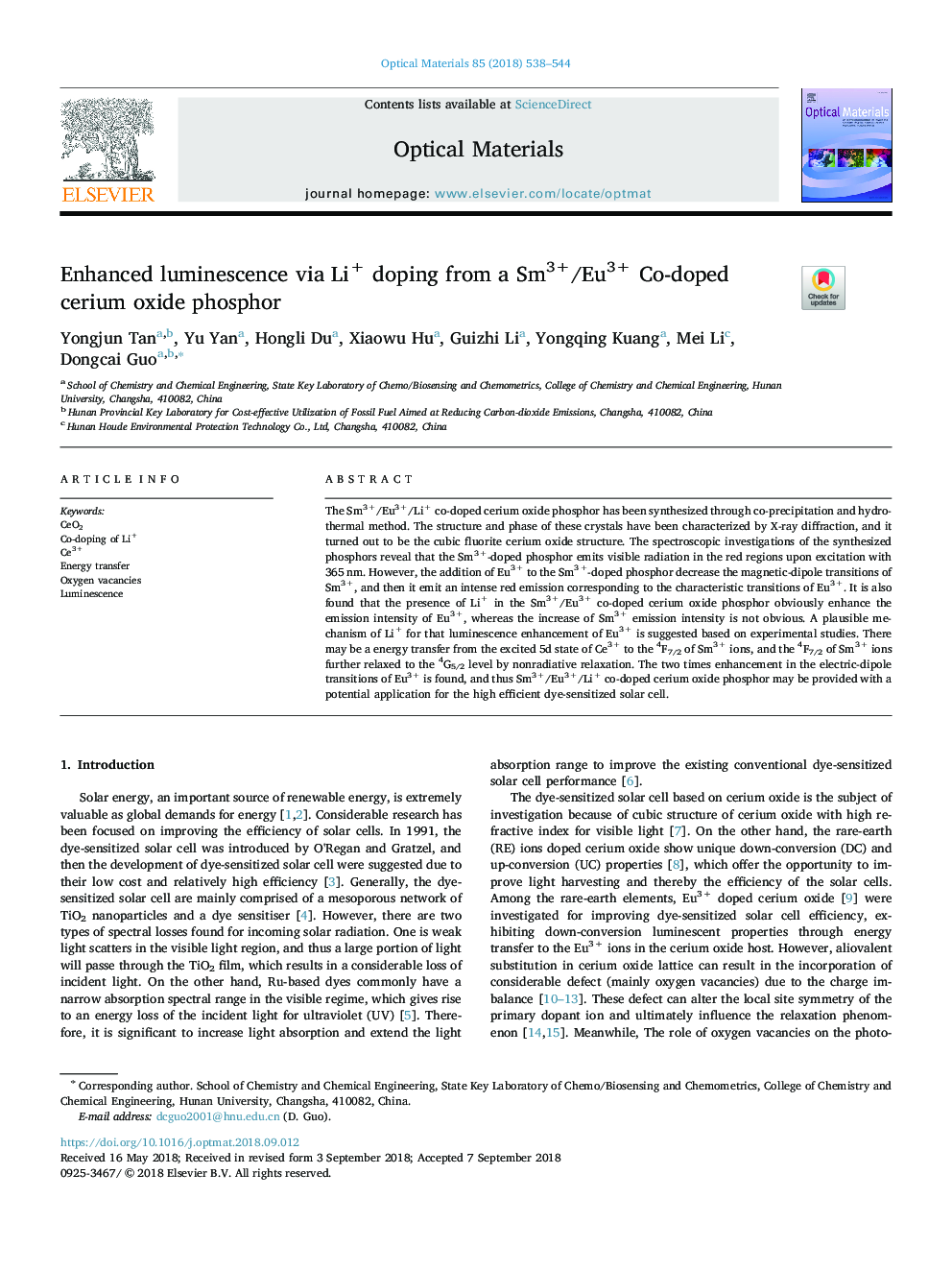 Enhanced luminescence via Li+ doping from a Sm3+/Eu3+ Co-doped cerium oxide phosphor