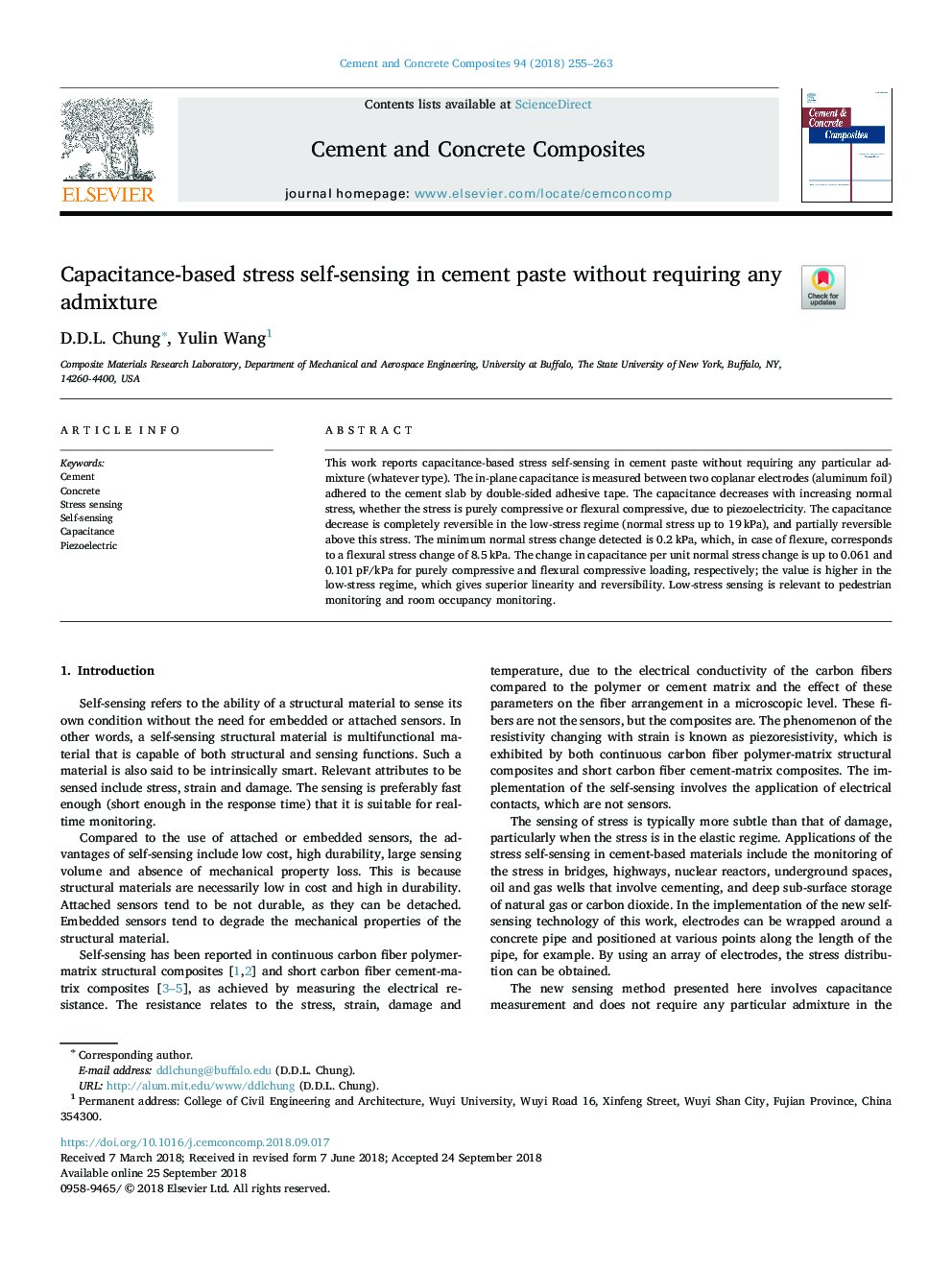 Capacitance-based stress self-sensing in cement paste without requiring any admixture