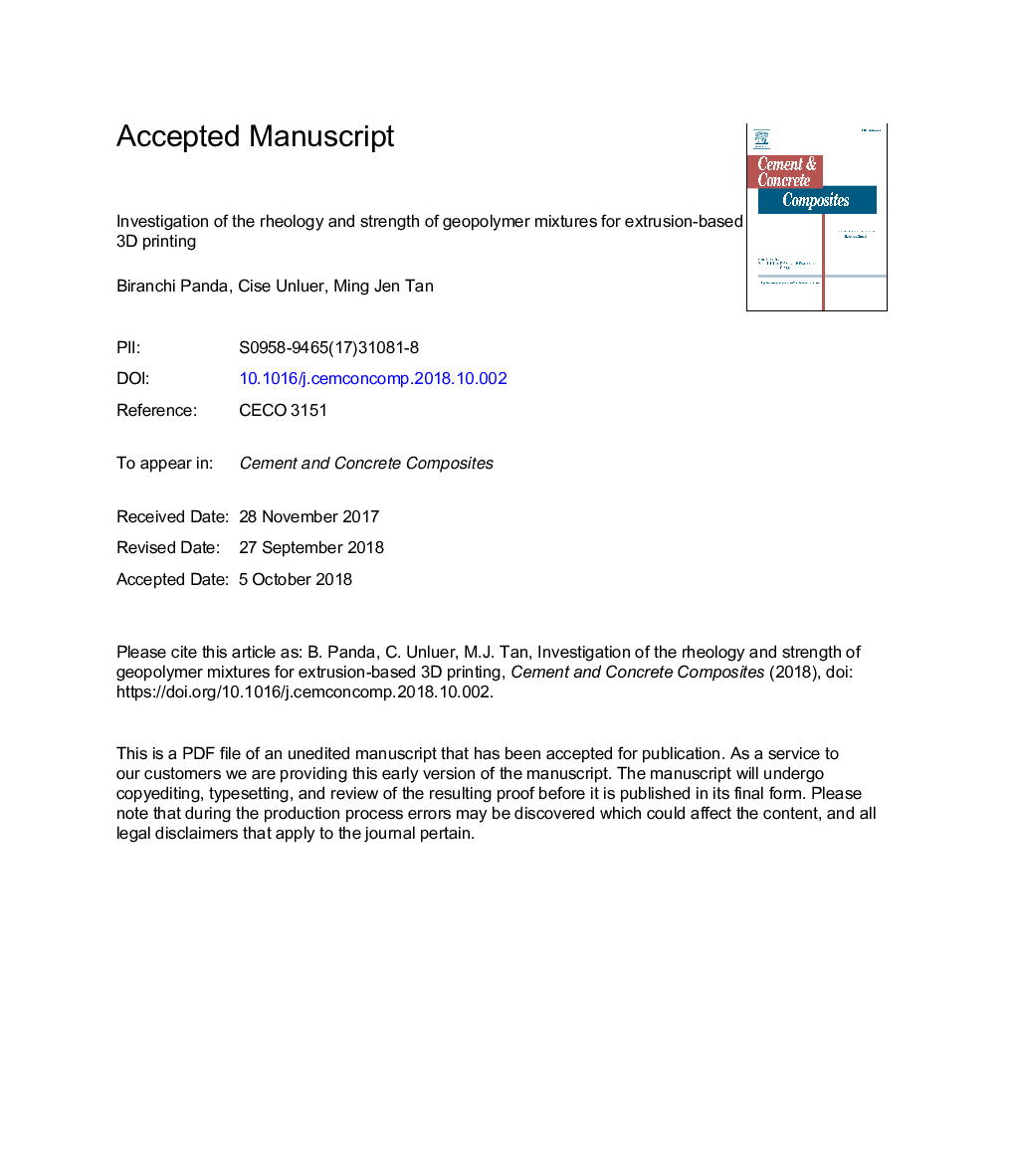 Investigation of the rheology and strength of geopolymer mixtures for extrusion-based 3D printing