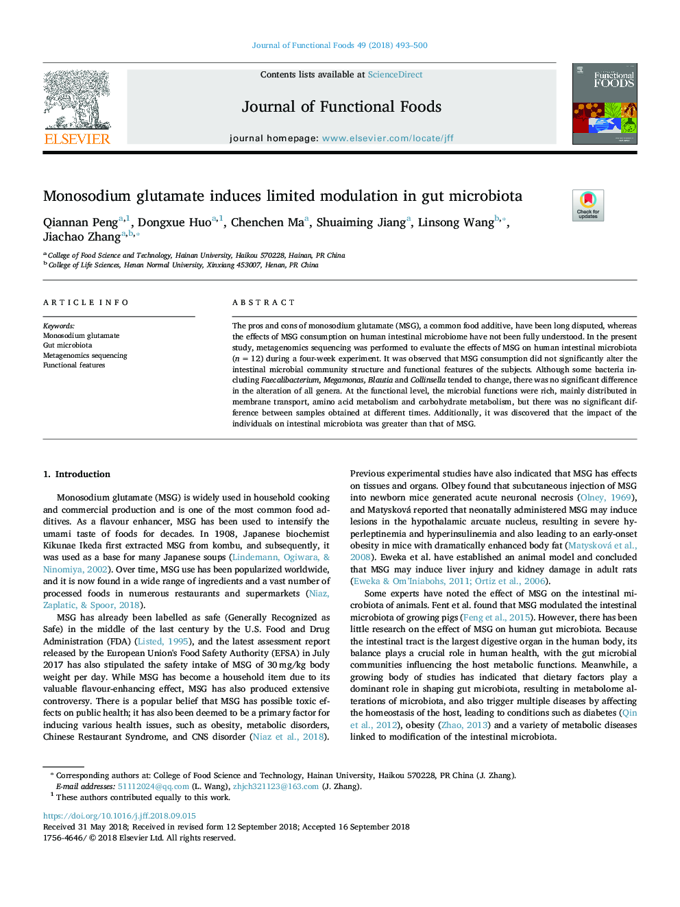 Monosodium glutamate induces limited modulation in gut microbiota