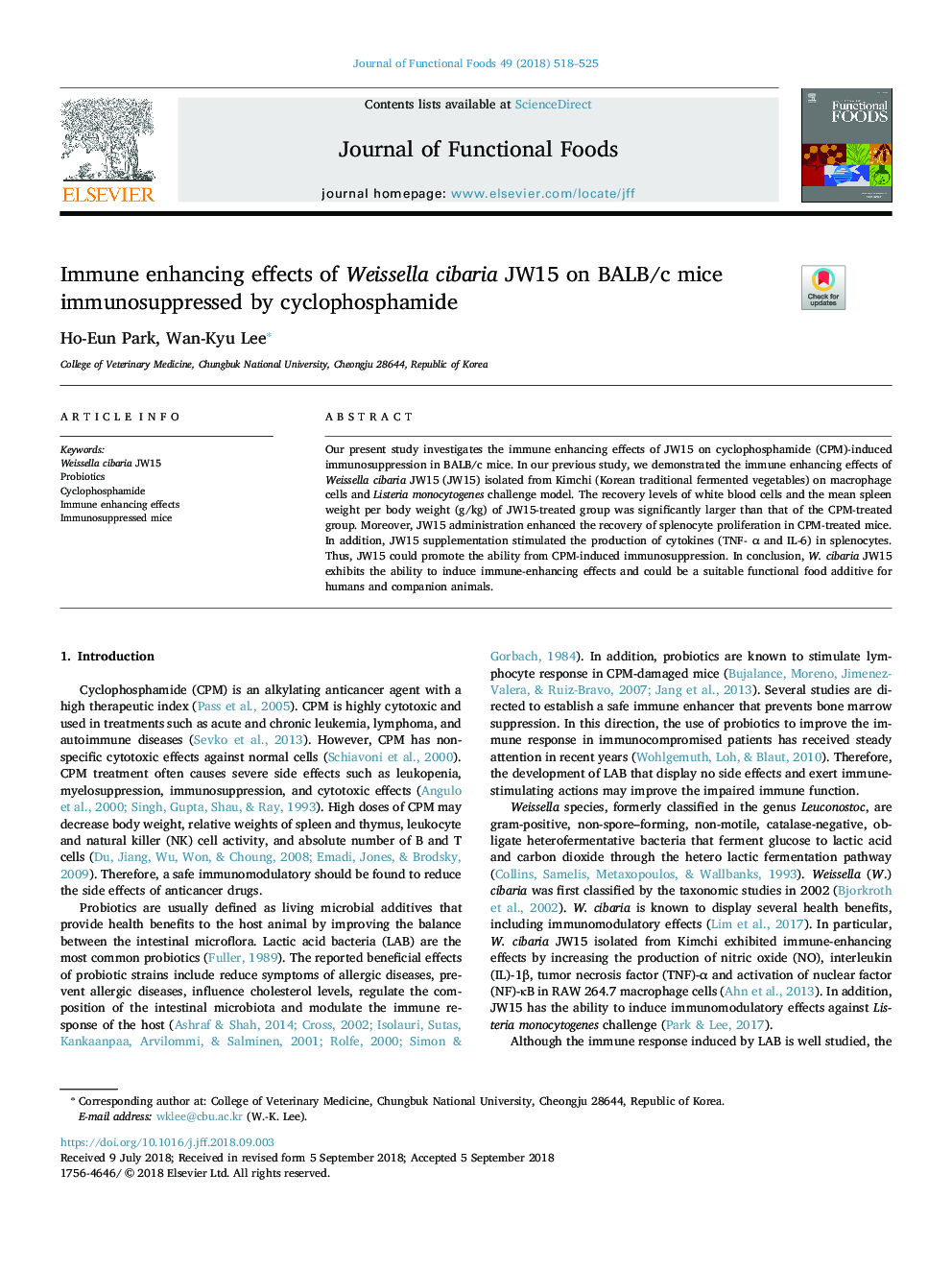 Immune enhancing effects of Weissella cibaria JW15 on BALB/c mice immunosuppressed by cyclophosphamide