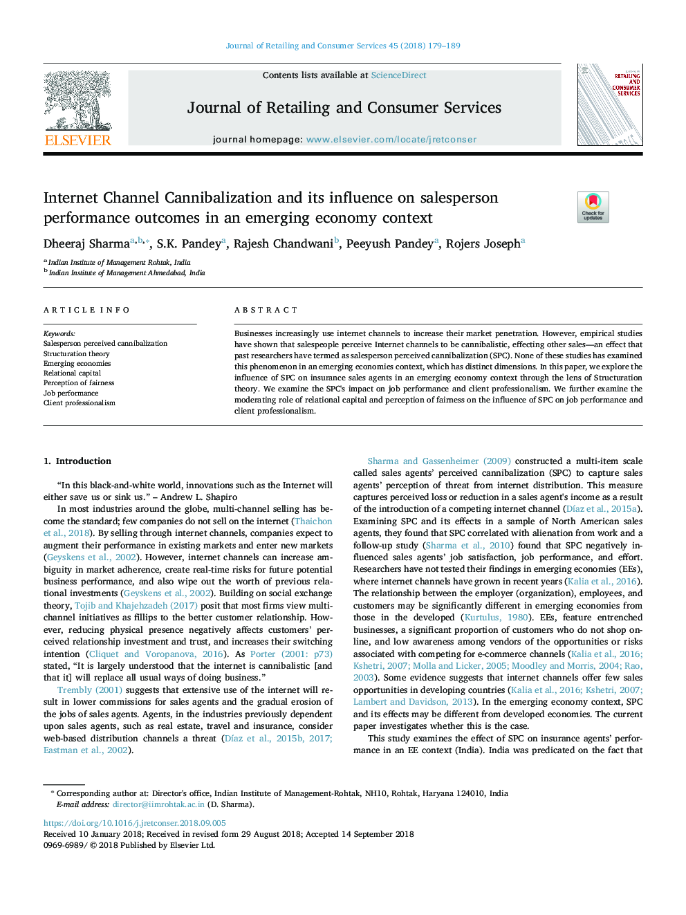 Internet Channel Cannibalization and its influence on salesperson performance outcomes in an emerging economy context