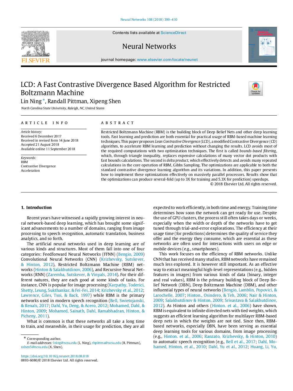 LCD: A Fast Contrastive Divergence Based Algorithm for Restricted Boltzmann Machine