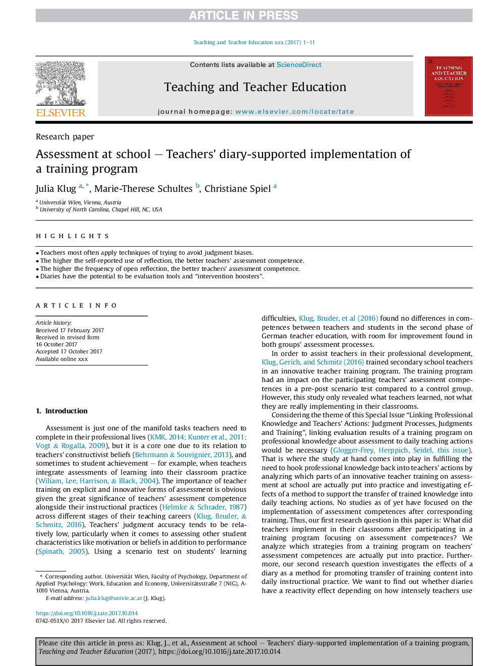 Assessment at school - Teachers' diary-supported implementation of a training program
