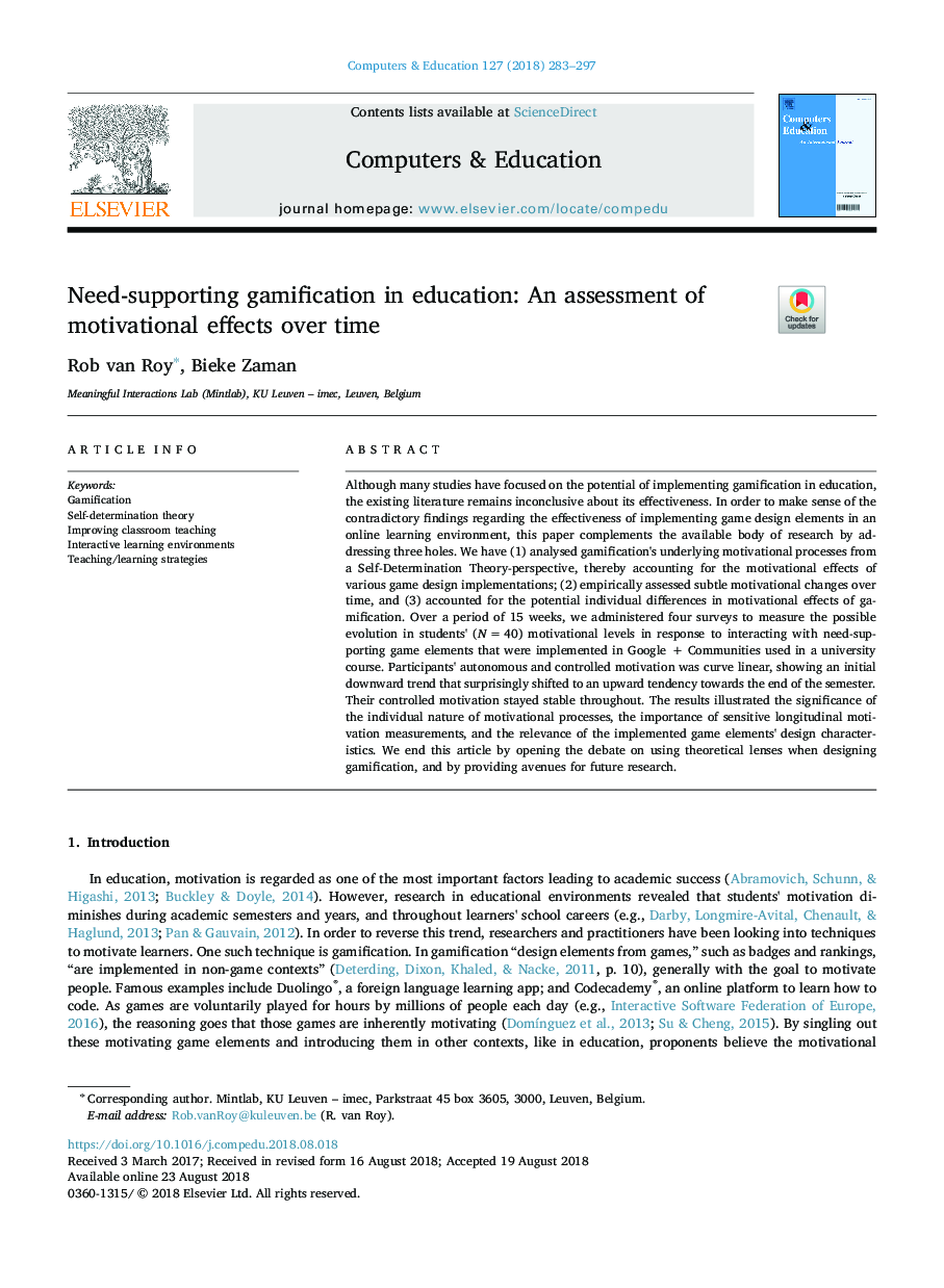 Need-supporting gamification in education: An assessment of motivational effects over time