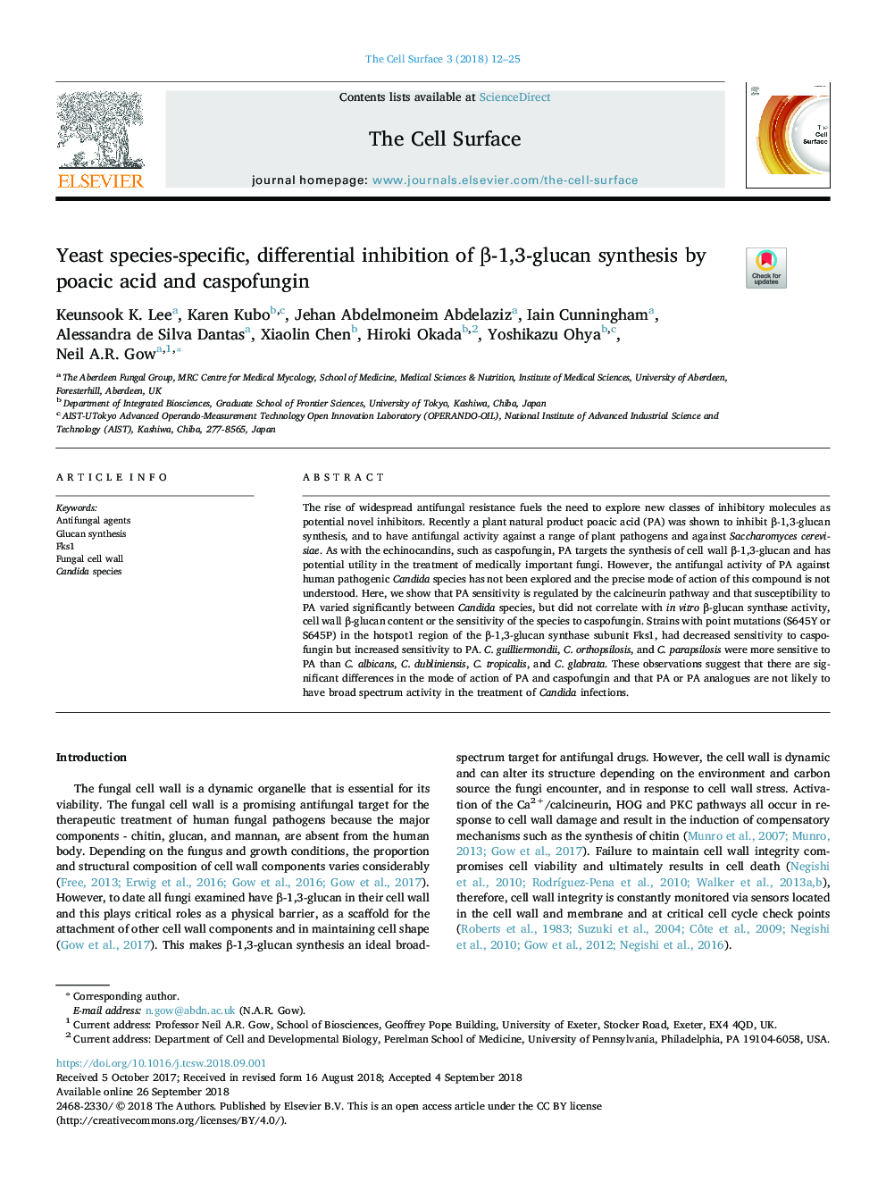 Yeast species-specific, differential inhibition of Î²-1,3-glucan synthesis by poacic acid and caspofungin